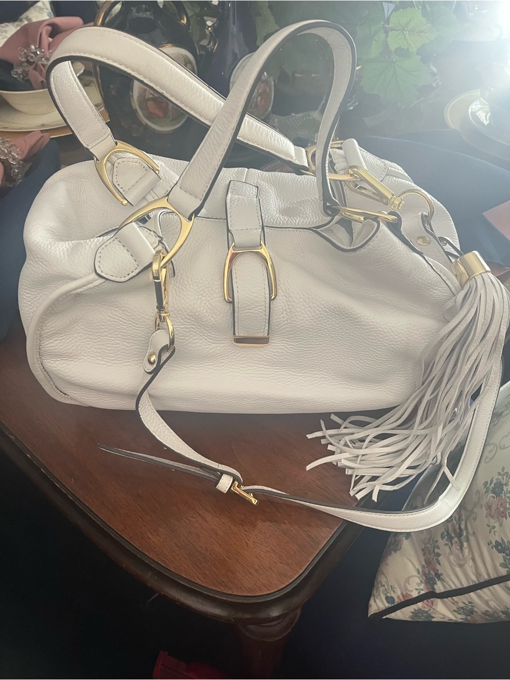 White Pebble Leather Shoulder Bag with Gold Accents and Tassel never worn